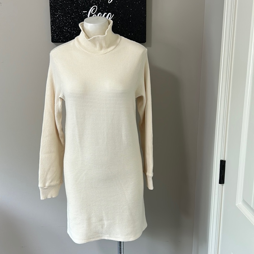 MONROW Cream Long Sleeve Ribbed Sweater Dress Supersoft Sz L NEW